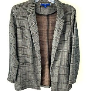 Apt. 9 Blazer L Large Black Brown Plaid Open Front Rayon Blend Career